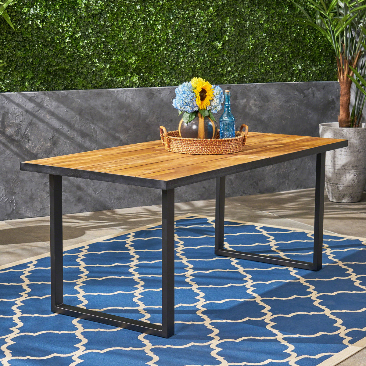 Outdoor Dining Table With U Shape Legs And Slat Top Table - Teak