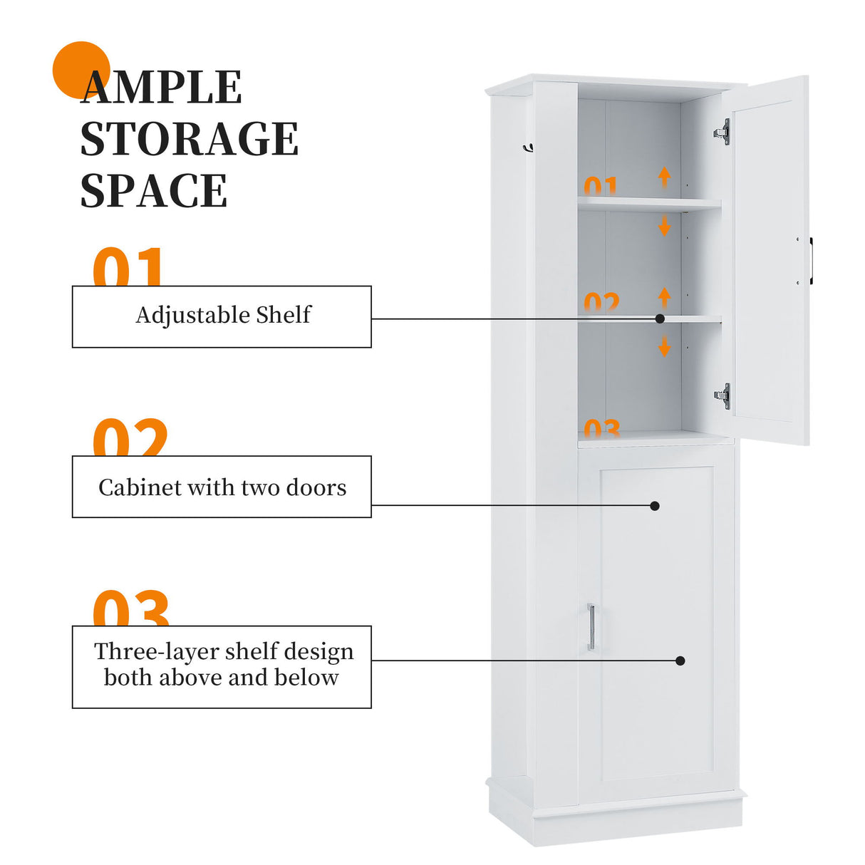 Tall Freestanding Bathroom Storage Cabinet With Adjustable Shelves And Side Hooks