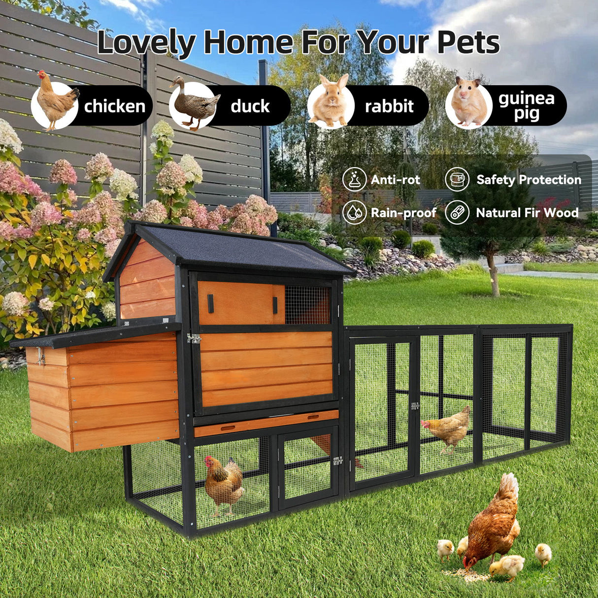Chicken Coop, Large Outdoor Hen House With Run And Nesting Box Poultry Cage