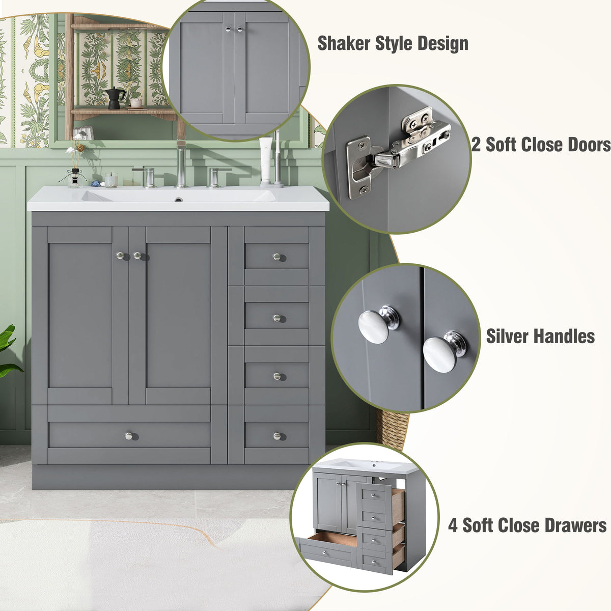Shaker Free Standing Bathroom Vanity Cabinet With Sink, Soft Close Drawers, Soft Close Doors