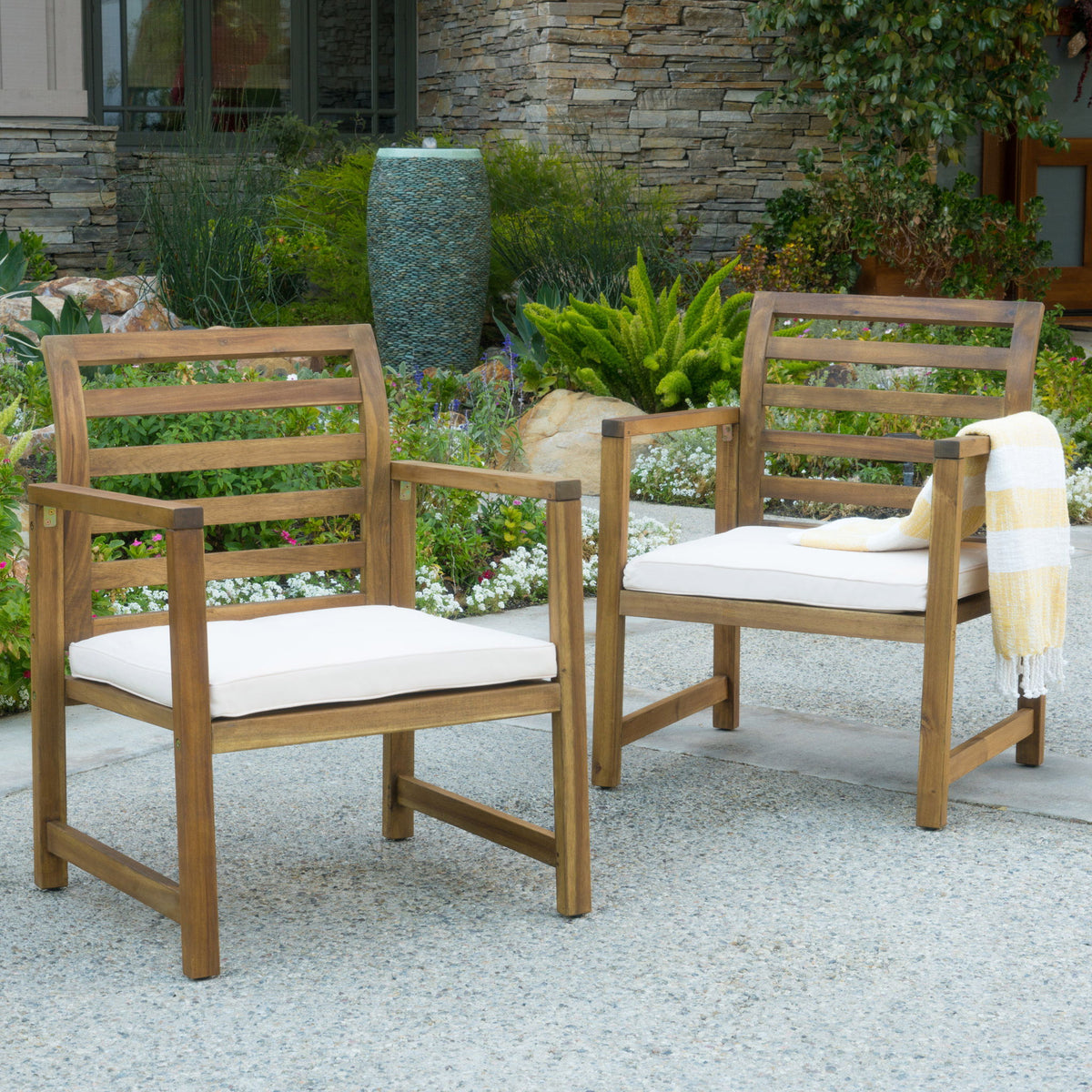 Outdoor Acacia Wood Club Chairs, 2 Pieces Set - Natural Stained / White
