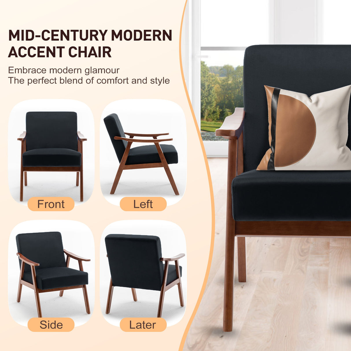 Mid Century Modern Accent Chair With Solid Wood Frame And Extra Thick Backrest