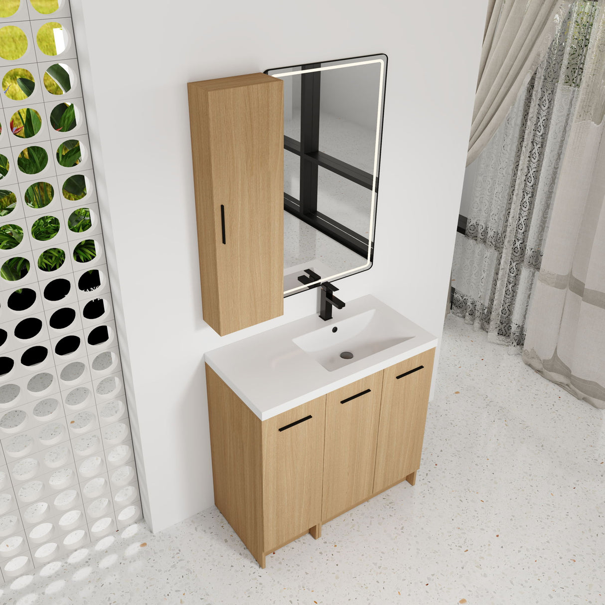 Freestanding Bathroom Vanity Set With Tall Linen Cabinet, 3 Door Storage Cabinet, Single Sink