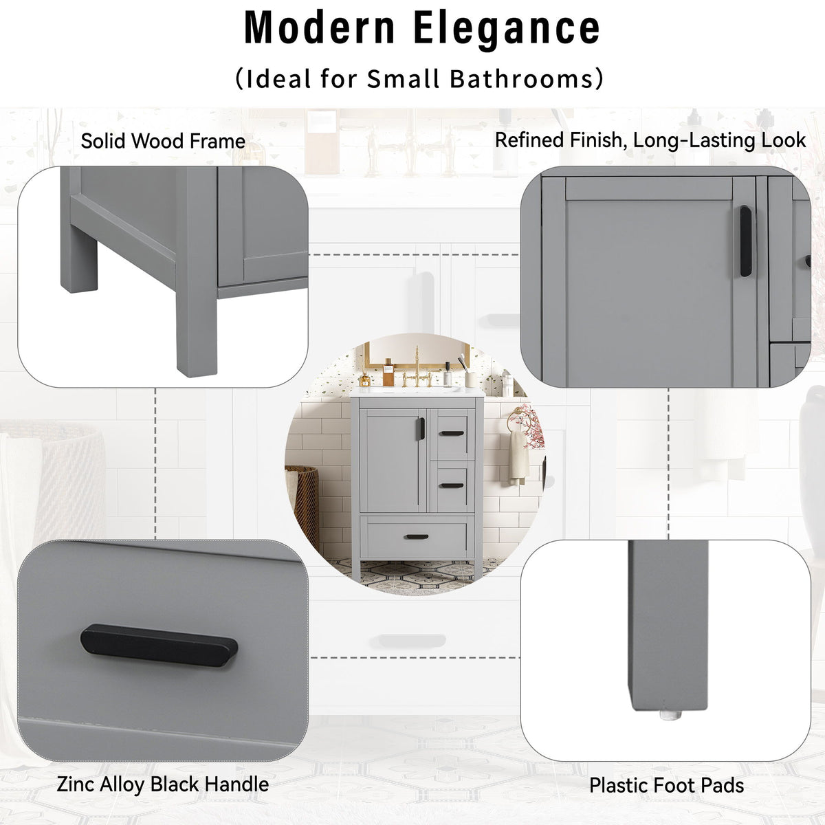 Bathroom Vanity With Sink, Soft Close Door, Double Layer Door Shelf And 3 Drawers - Gray