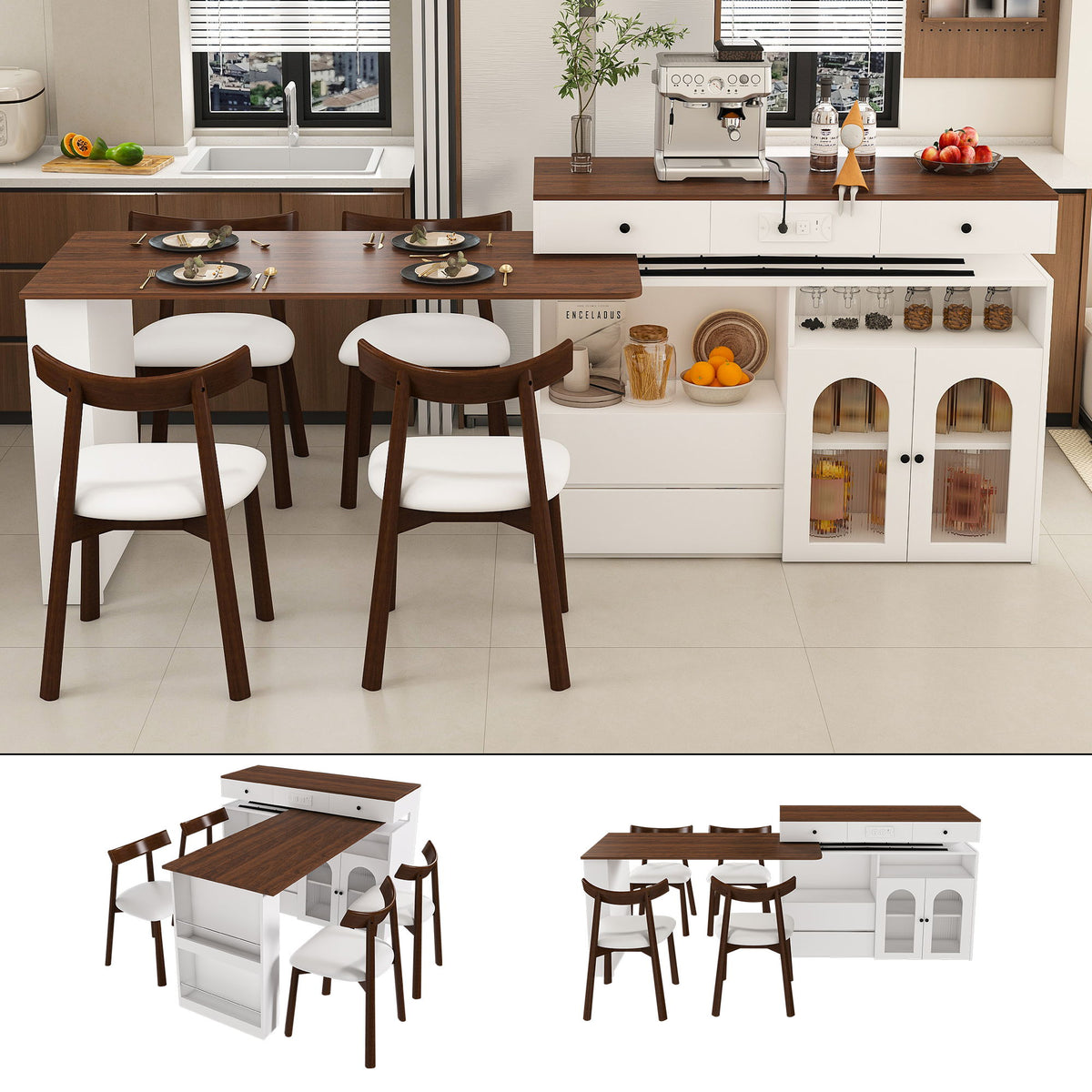 Kitchen Island Set With 4 Chairs, Extendable & Rotating Table, 4 Drawers & Glass Door Cabinets - Walnut