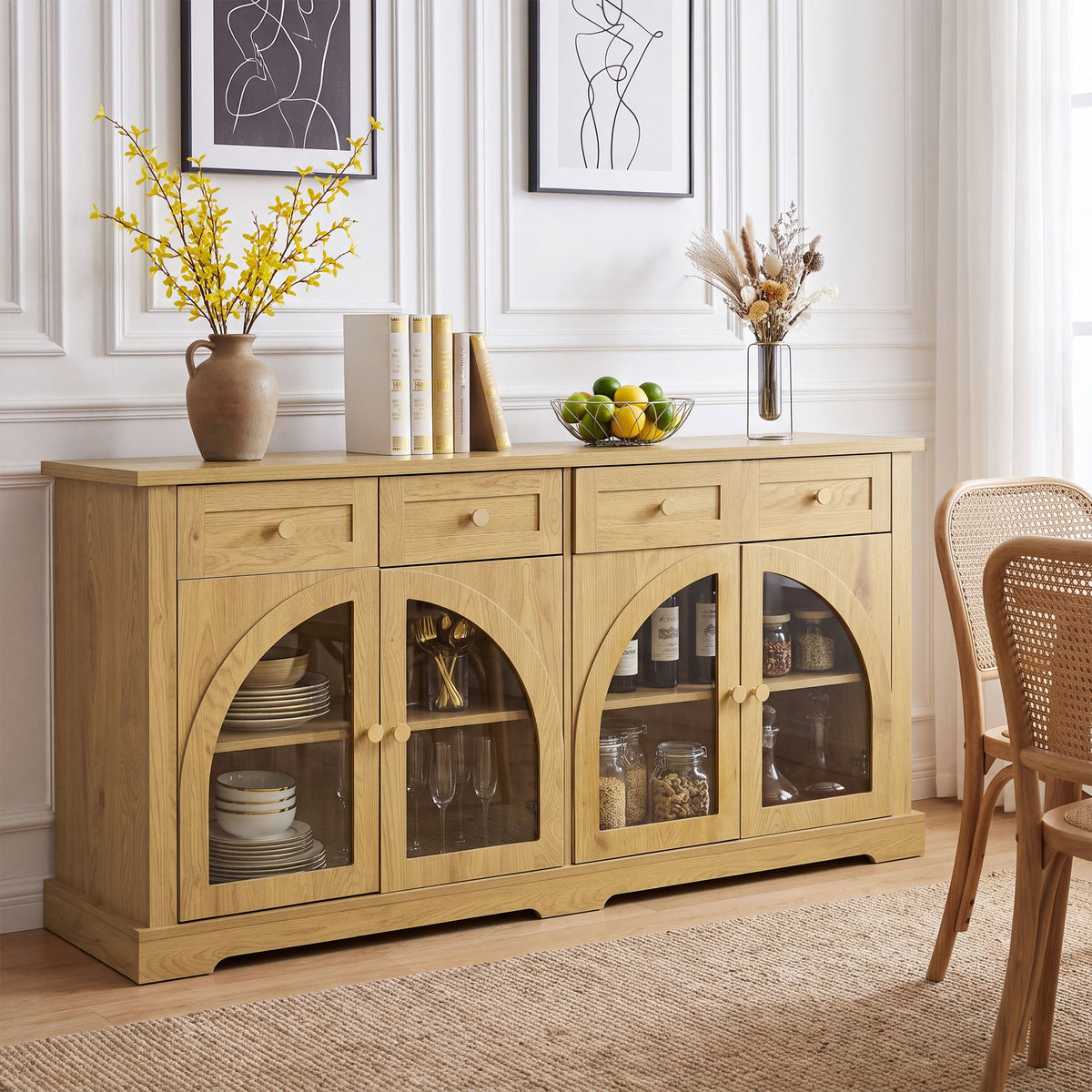 Sideboard Cabinet With 4 Drawers And 4 Arched Glass Doors