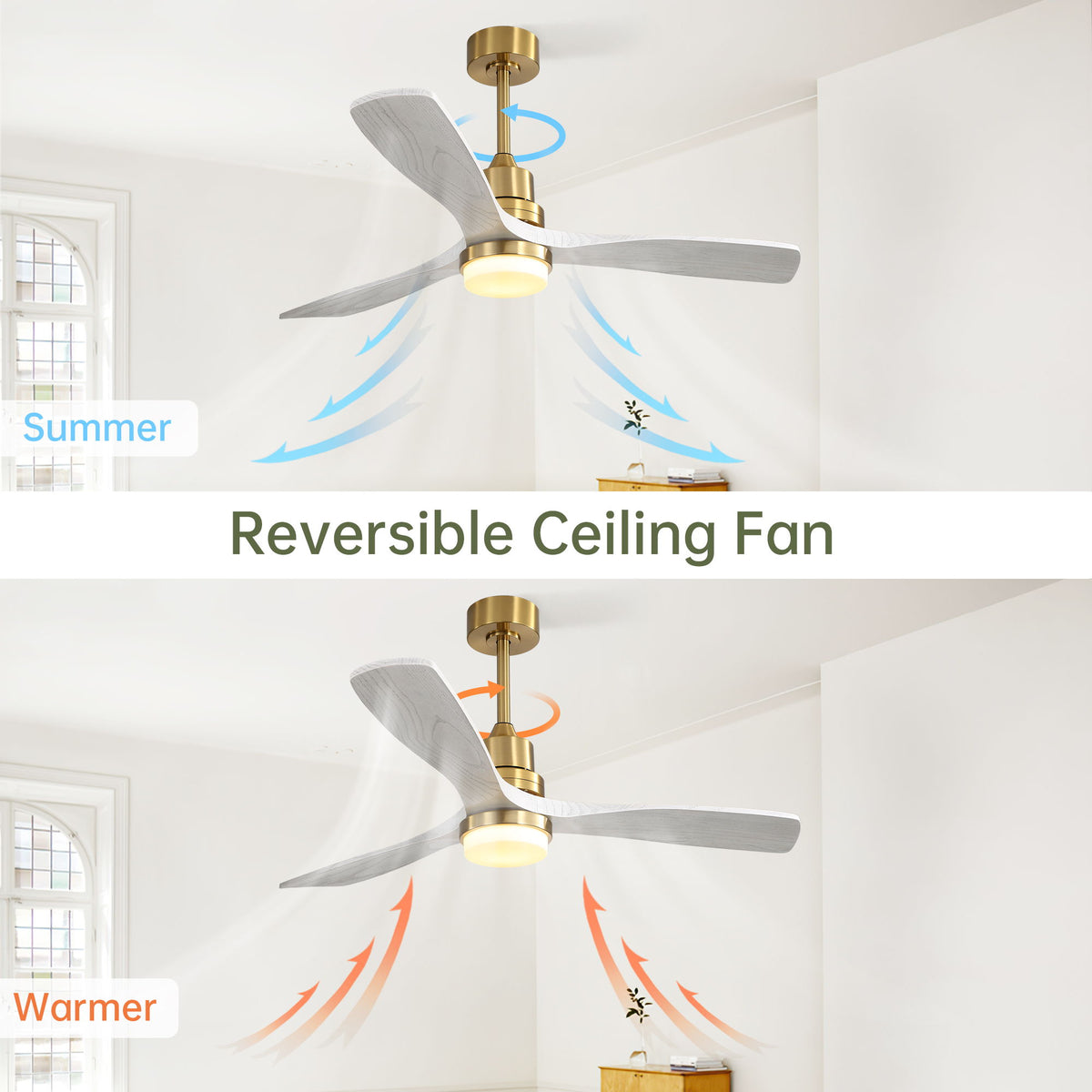52" Ceiling Fan With Dimmable LED Light, 3 Blades, DC Motor, Remote Control - Gold