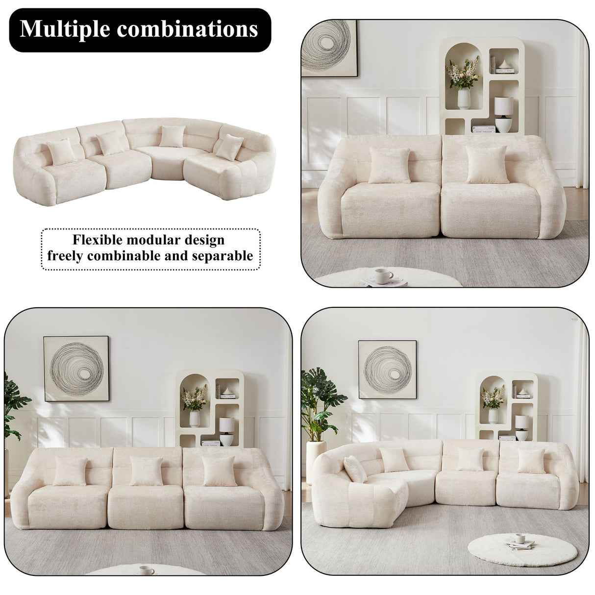 Luxury Curved Corner Sectional Sofa With 4 Pillows