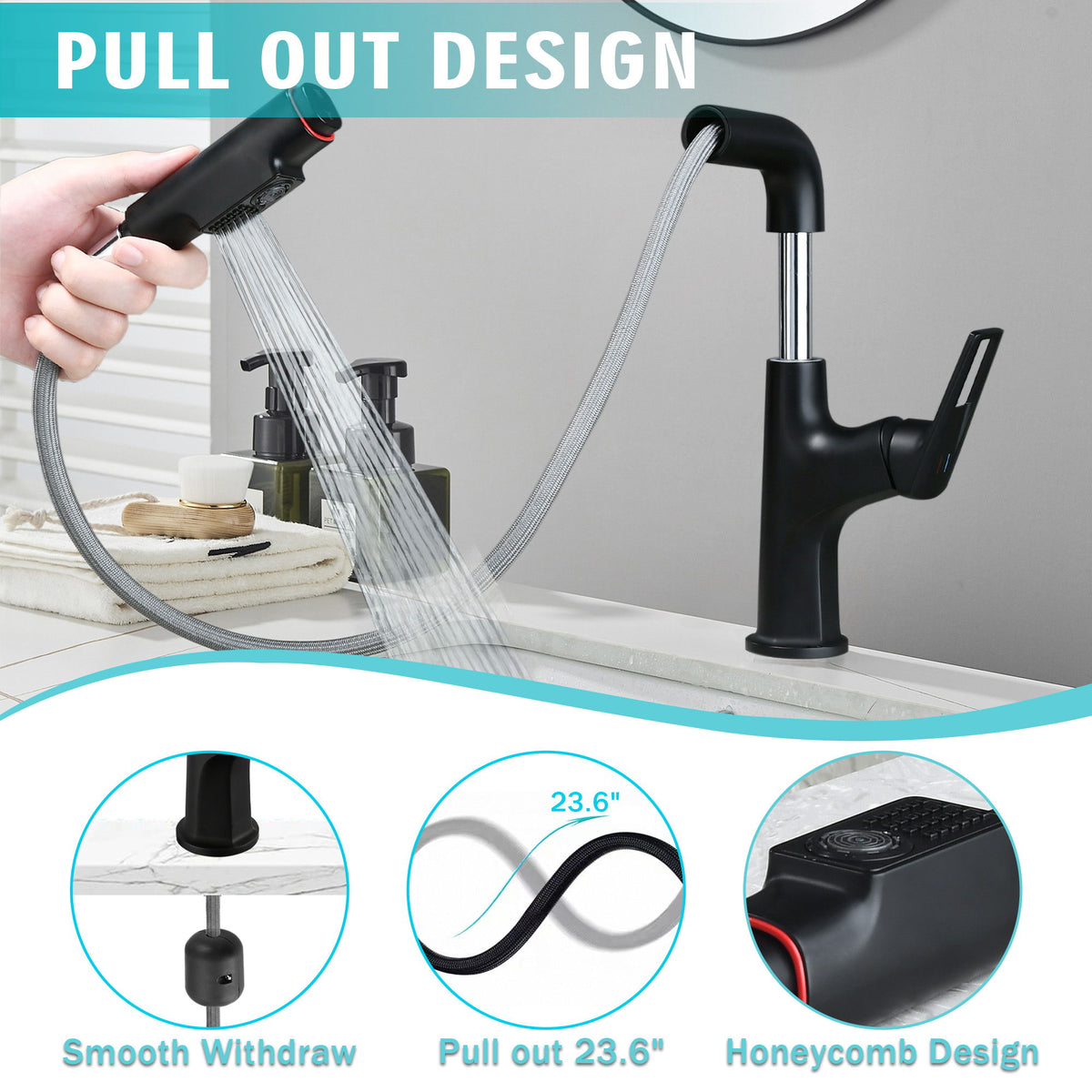 Pull Down Vessel Faucet With Lift Spout & Dual Spray Modes