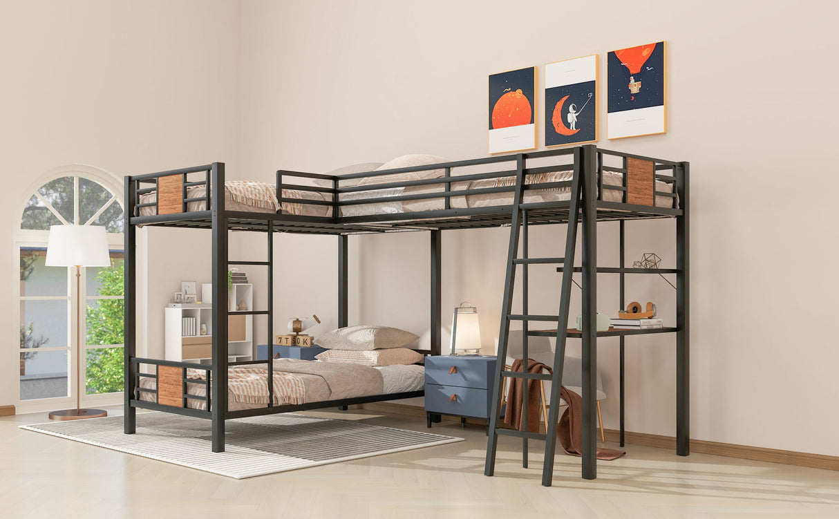 L-Shaped Twin Over Twin Bunk Bed With Twin Size Loft Bed With Desk And Shelf - Brown