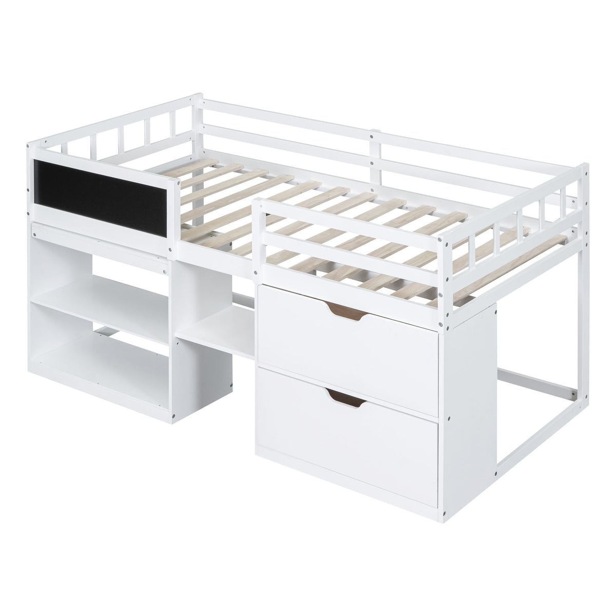 Low Loft Bed With Rolling Desk, Shelf And Drawers