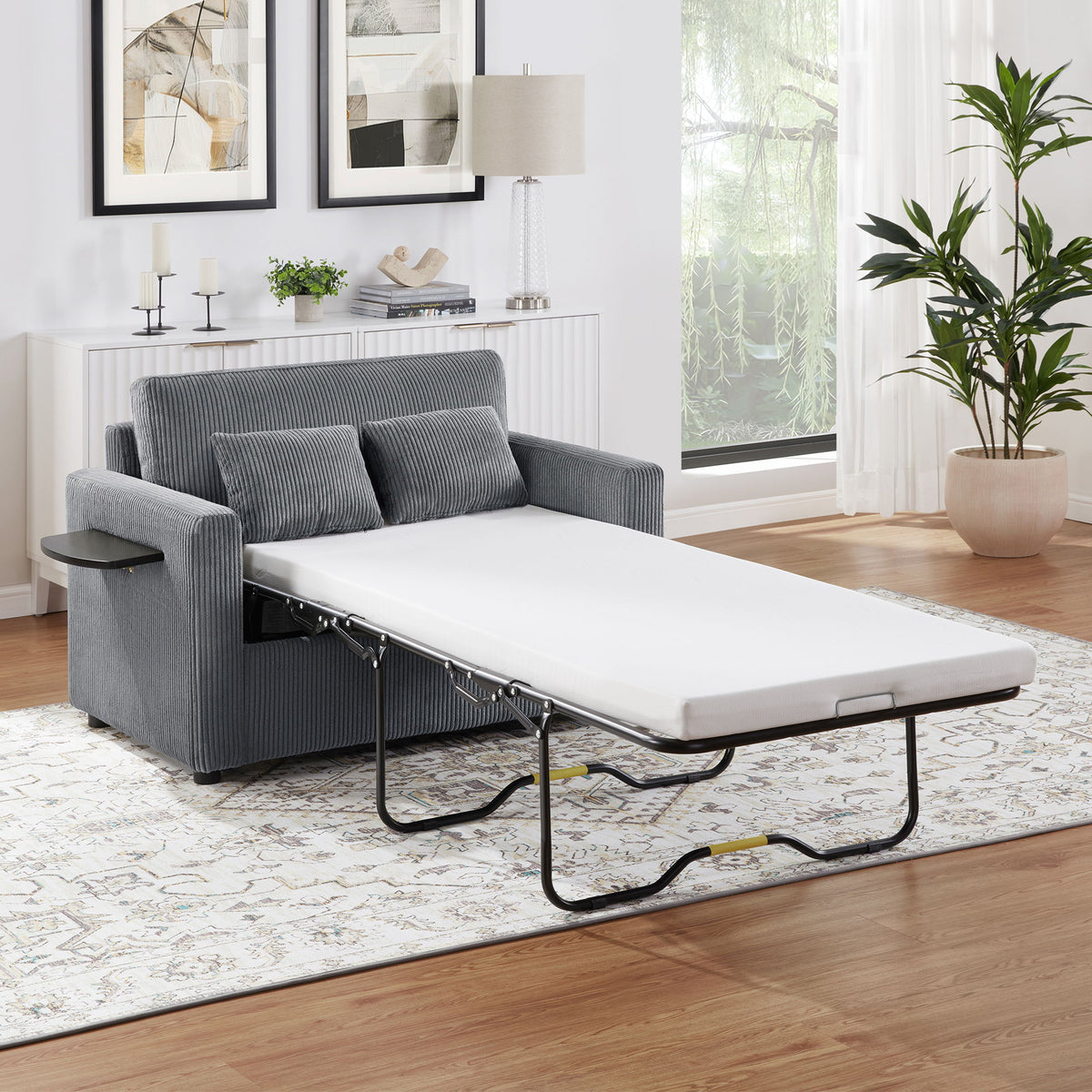Sleeper Sofa With Foldable Mattress, USB Ports, Side Table & Storage Pocket