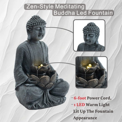 28" Height Zen-Style 2-Tier Meditating Buddha Water Fountain with Pump & LED Light, Outdoor Waterfall & Buddha Statue for Garden, Patio & Backyard