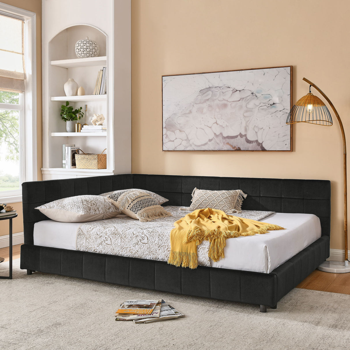 Storage Elegant Upholstered Tufted Bed Frame With Backrest And Armrests