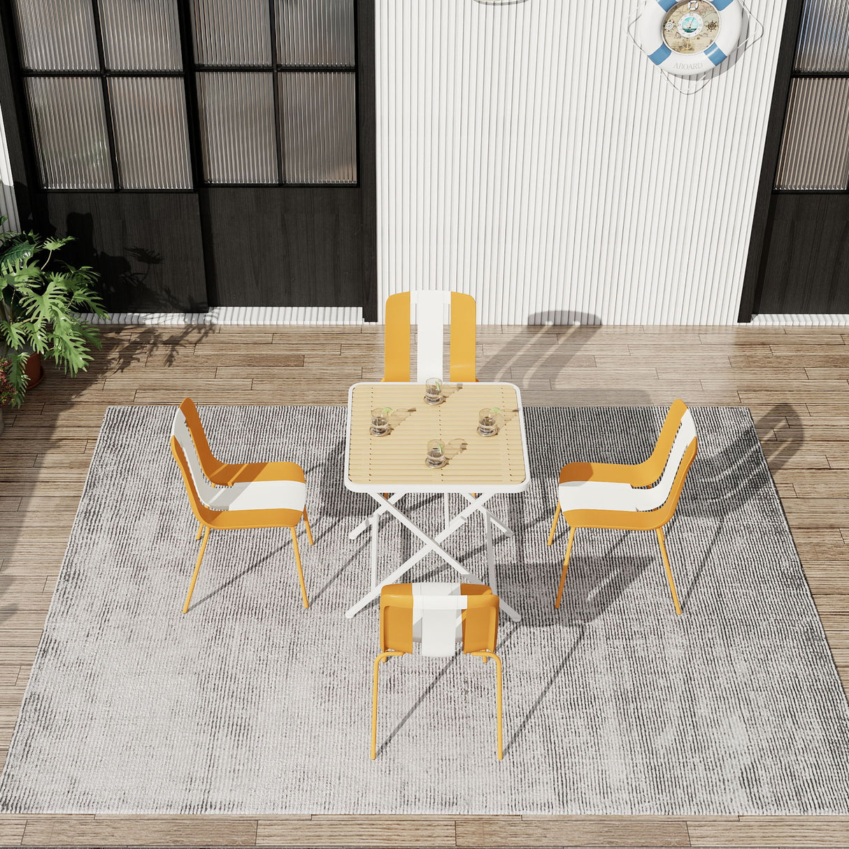 4 Piece Set Of Modern Striped Single Chairs With Folding Square Table