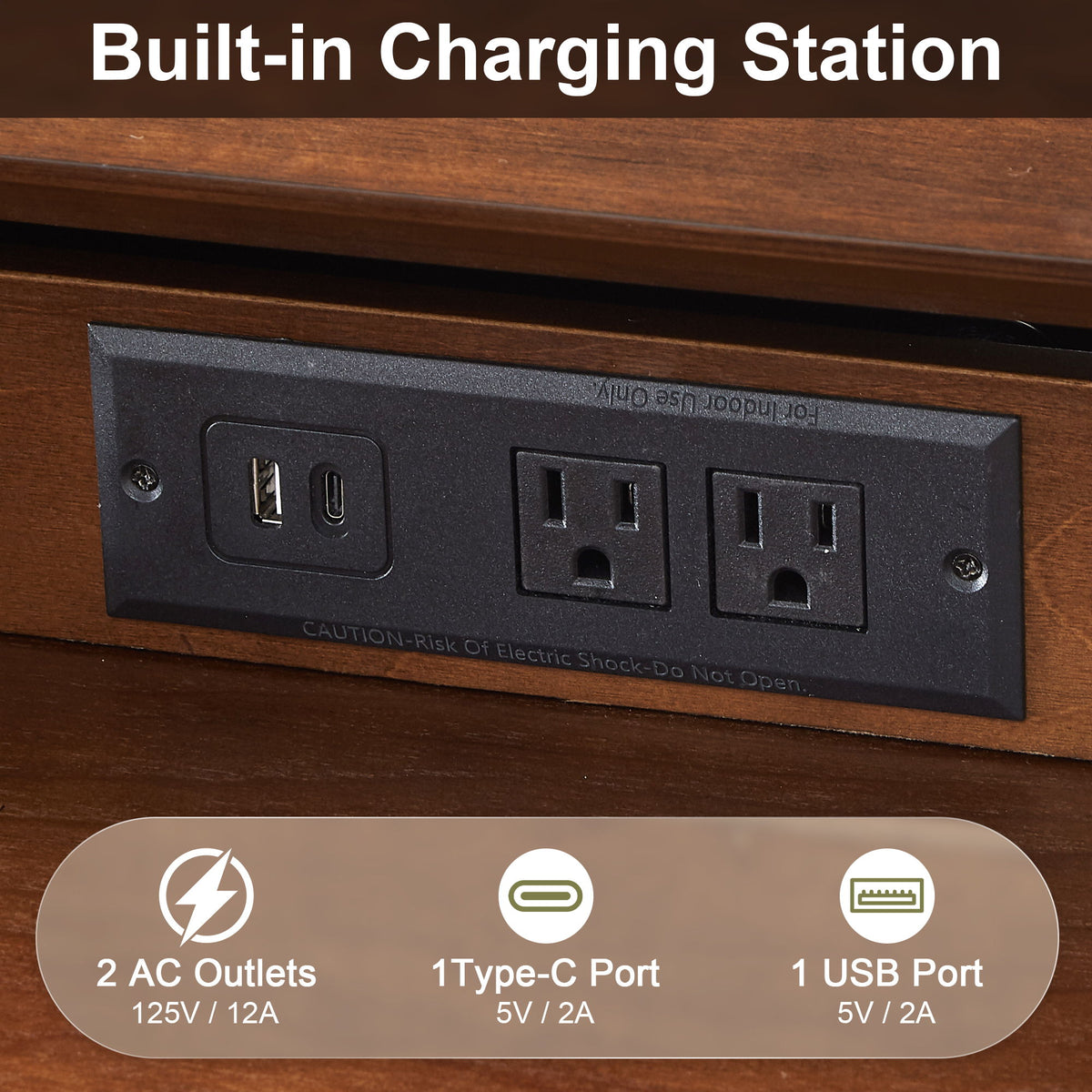 Nightstand With Charging Station, 2 Drawers And Open Shelf, USB / Type C Ports