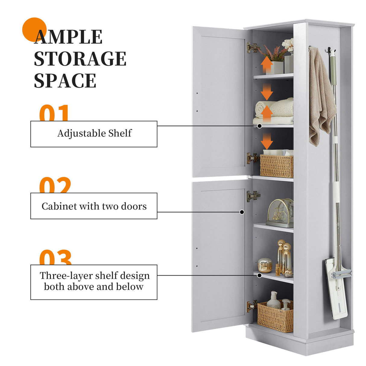 Tall Freestanding Bathroom Storage Cabinet With Adjustable Shelves And Side Hooks