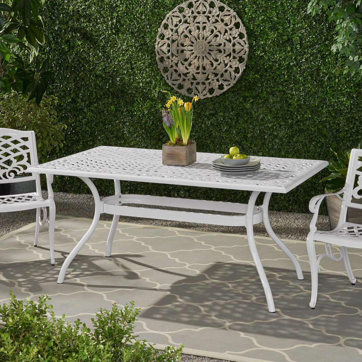 Celestine - Outdoor Cast Aluminum Dining Table With Floral Lattice Design And Umbrella Holder