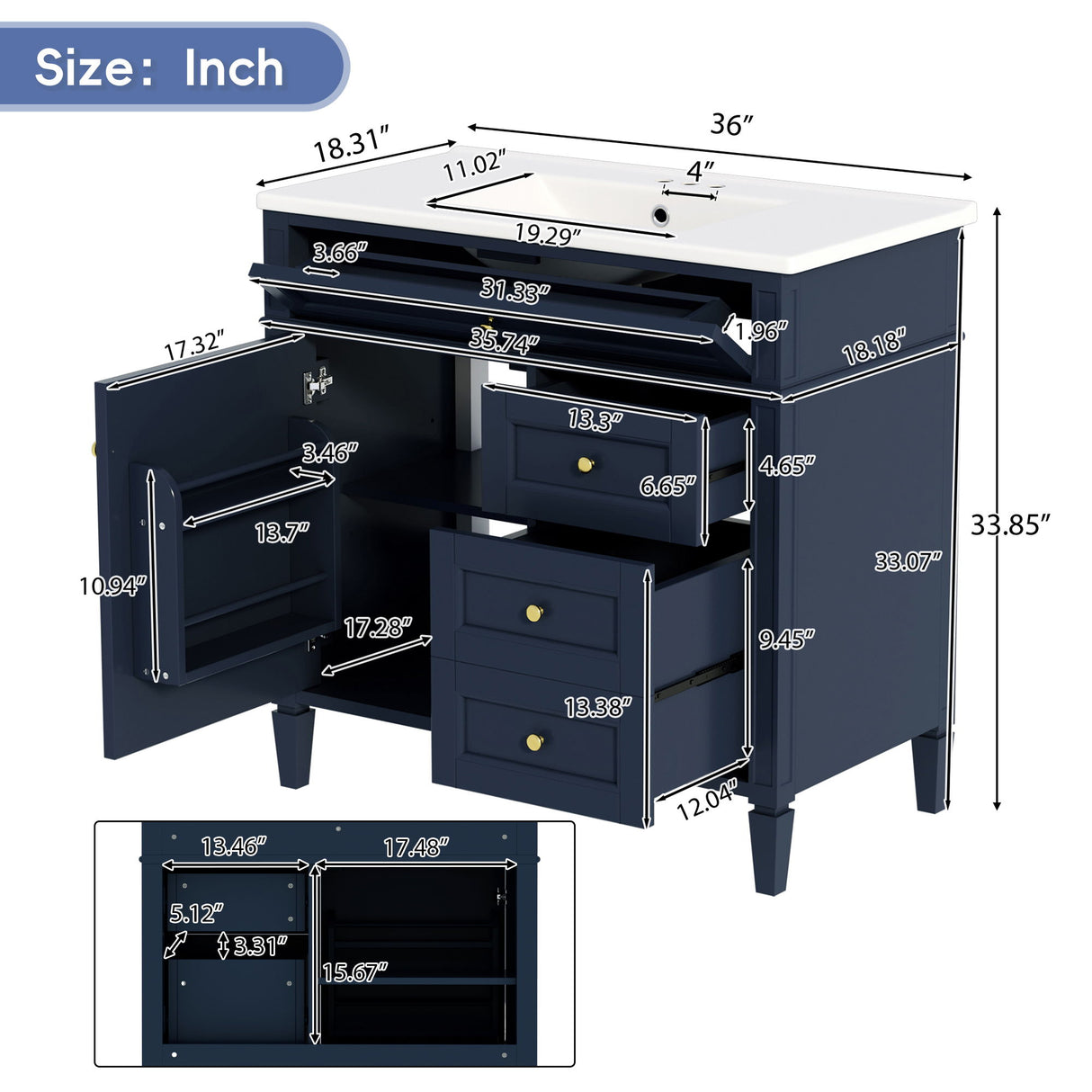 Bathroom Vanity With Top Sink, 2 Drawers, Tip Out Drawer