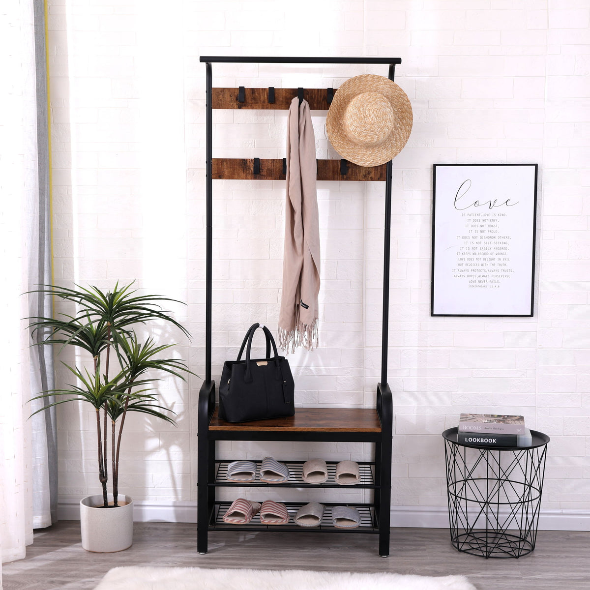 Coat Rack, Hall Tree With Shoe Bench For Entryway, Entryway Bench With Coat Rack, 4 In 1, With 9 Removable Hooks - Rustic Brown / Black