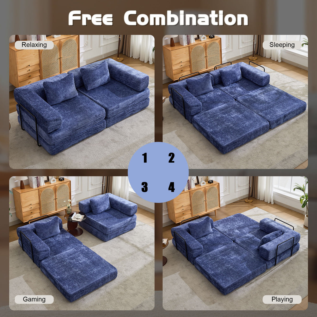 Convertible Floor Sofa Bed With Pillow Back Support Armrest
