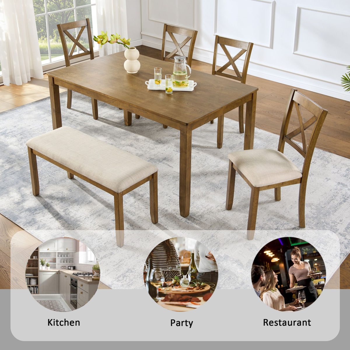 6 Piece Dining Table Set, Large Rectangular Table With Upholstered Bench & 4 X - Back Chairs, Kitchen Furniture - Oak
