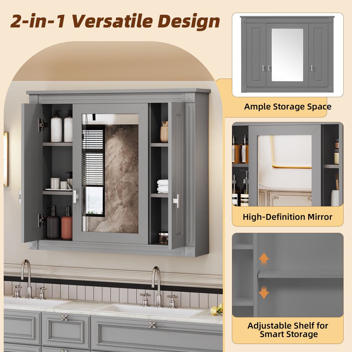 Wall Mounted Bathroom Cabinet With Mirror And 5 Shelves, Rectangular Design