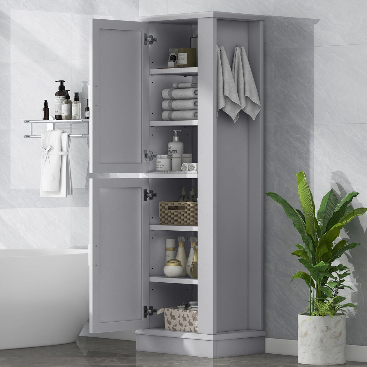 Tall Freestanding Bathroom Storage Cabinet With Adjustable Shelves And Side Hooks