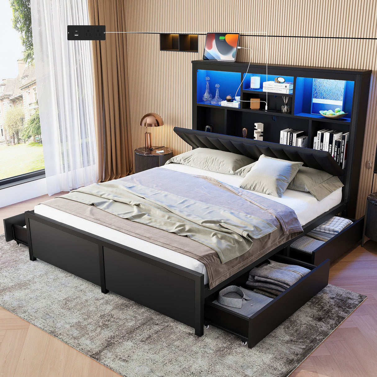 Bed Frame With High Storage Headboard, LED Light And Charging Station, 4 Storage Drawers