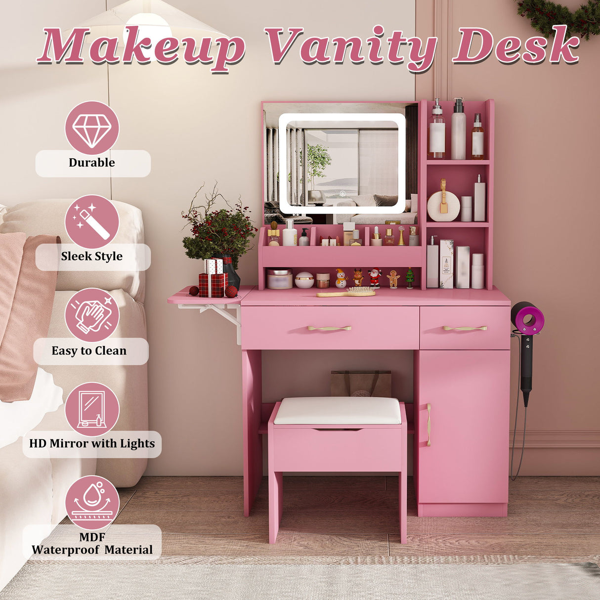 Vanity Desk With LED Mirror Lights And Charging Outlet