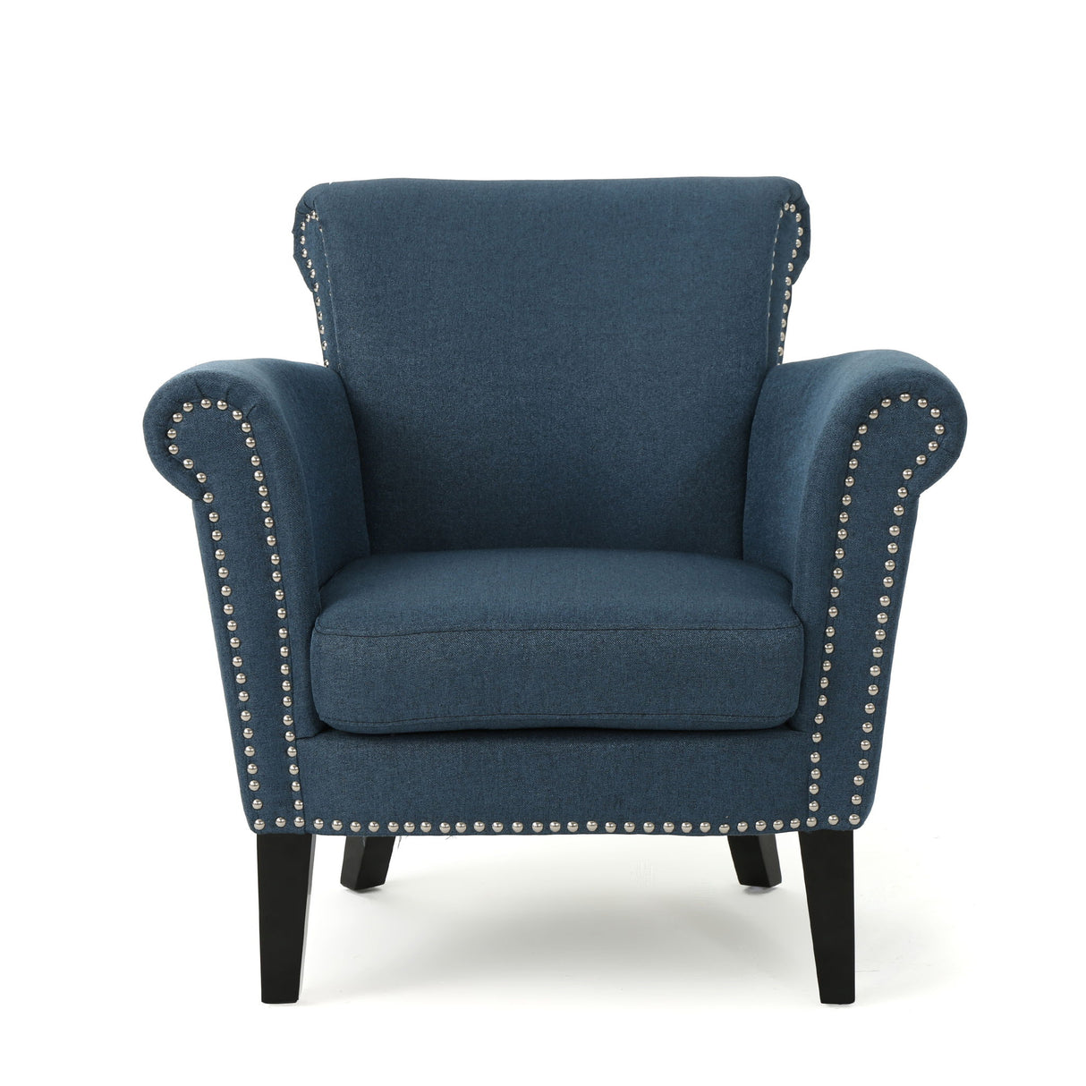 Elegant Fabric Club Chair With Nailhead Trim And Birch Wood Legs - Navy Blue