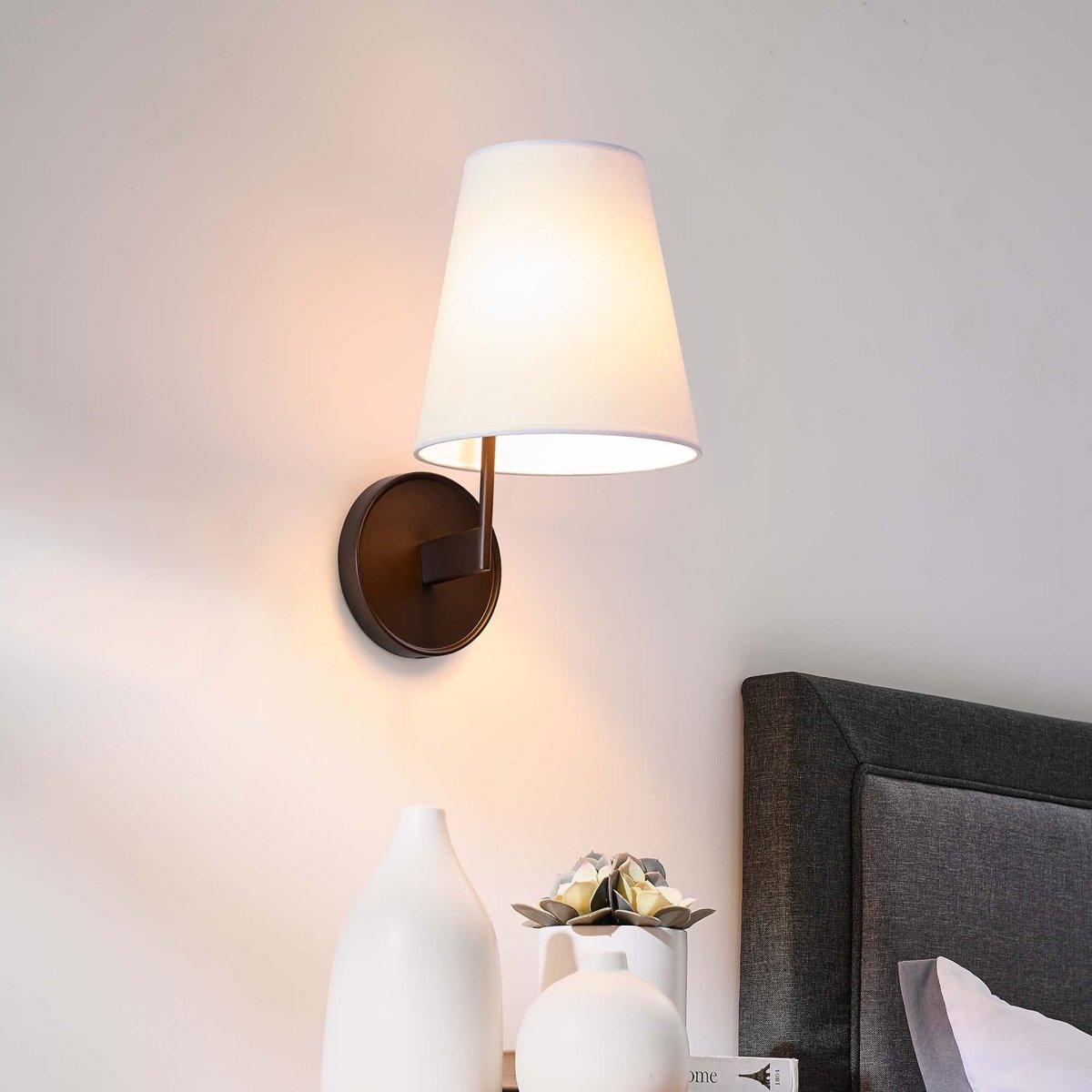 1-Light Fabric Cone Wall Sconce β White Bronze - Lighting - Alpine Outlets