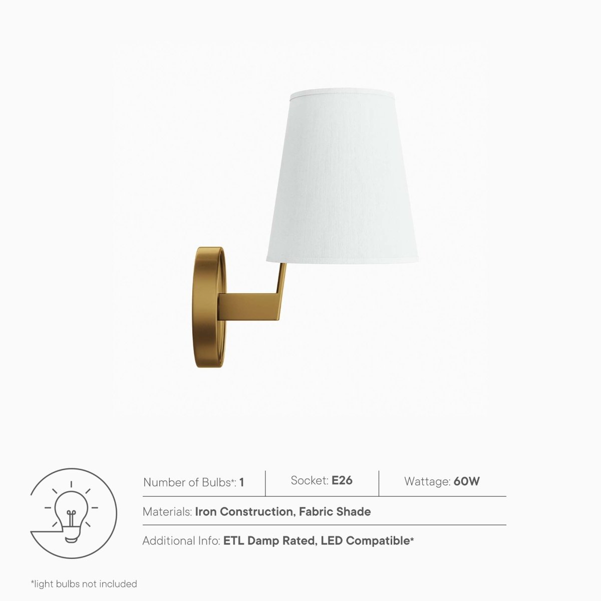 1-Light Fabric Cone Wall Sconce β White Satin Brass - Lighting - Alpine Outlets