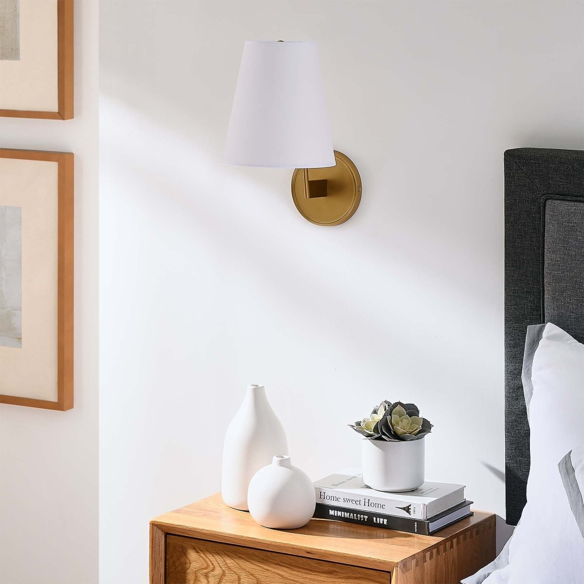 1-Light Fabric Cone Wall Sconce β White Satin Brass - Lighting - Alpine Outlets