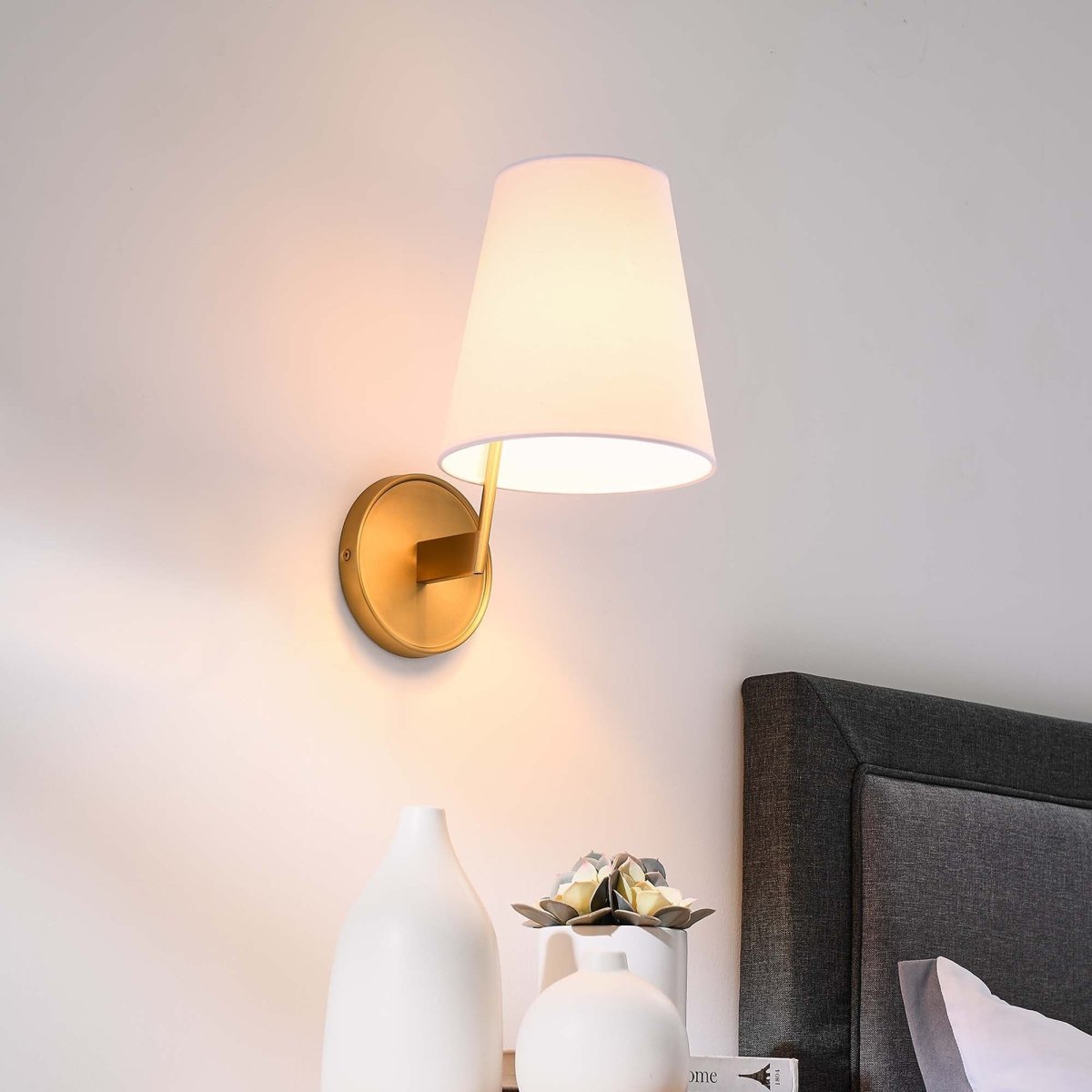 1-Light Fabric Cone Wall Sconce β White Satin Brass - Lighting - Alpine Outlets