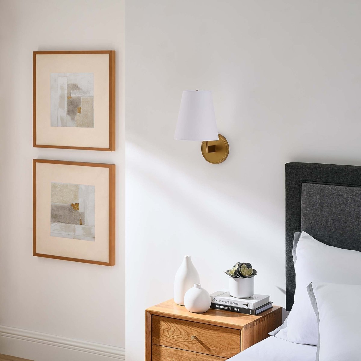 1-Light Fabric Cone Wall Sconce β White Satin Brass - Lighting - Alpine Outlets