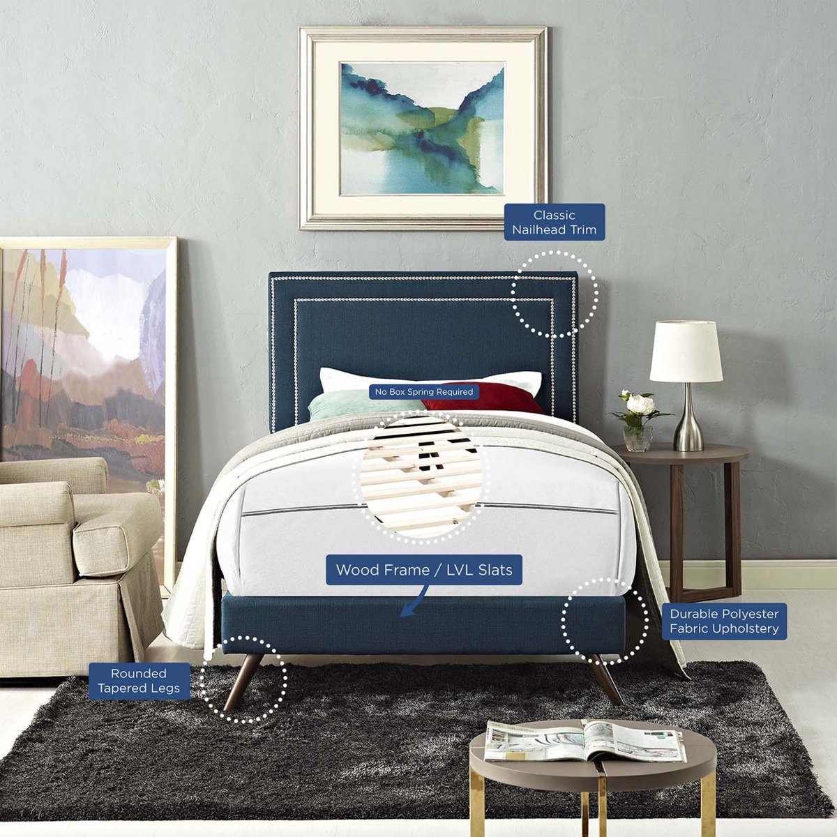 Fabric Twin Platform Bed with Round Splayed Legs in Azure - Platform Bed available at Alpine Outlets in Denver