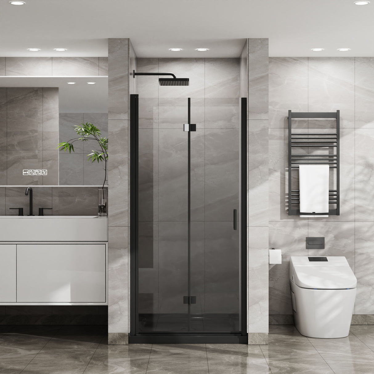 Bifold Frameless Glass Shower Door With Pivot Swing Panel, Tempered Clear Glass