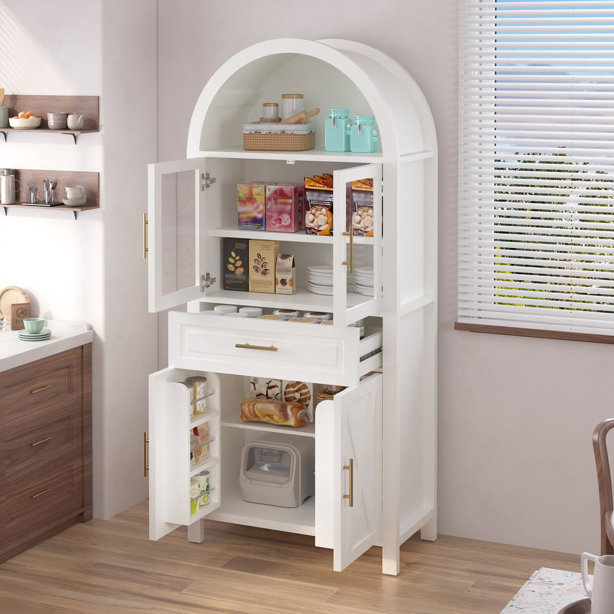 Arched Kitchen Pantry Cabinet With Adjustable Shelves & Barn Door Design