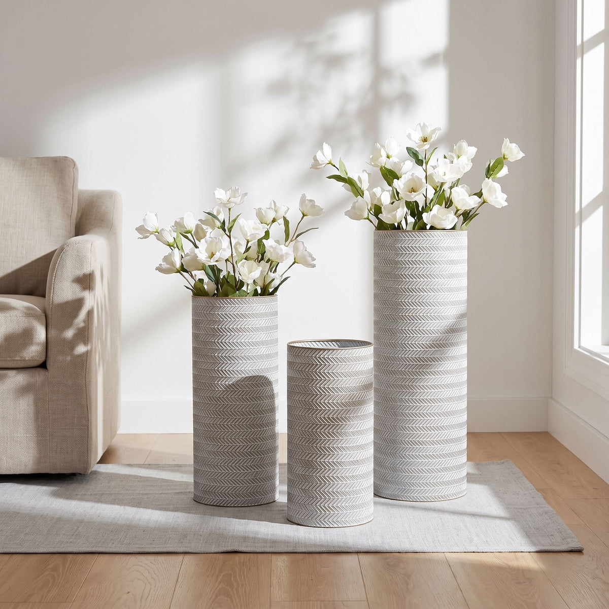 Decorative Tall Floor Vases For Home Decor (Set of 3) - White / Gold