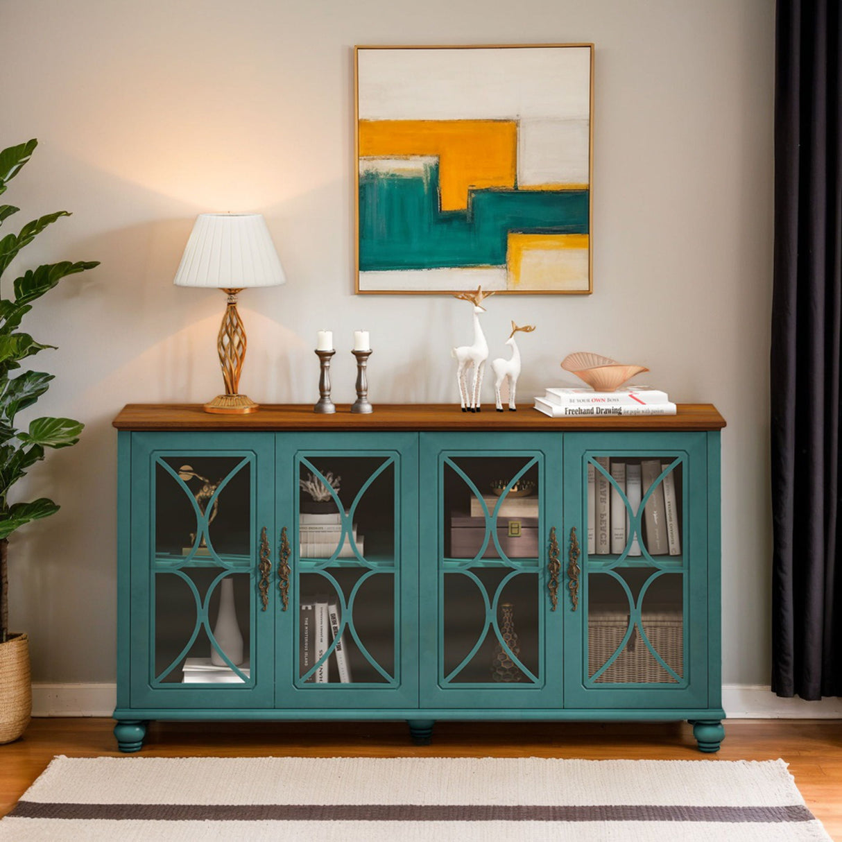 4 Door Sideboard Cabinet with Tempered Glass Doors and Wood 59x32in