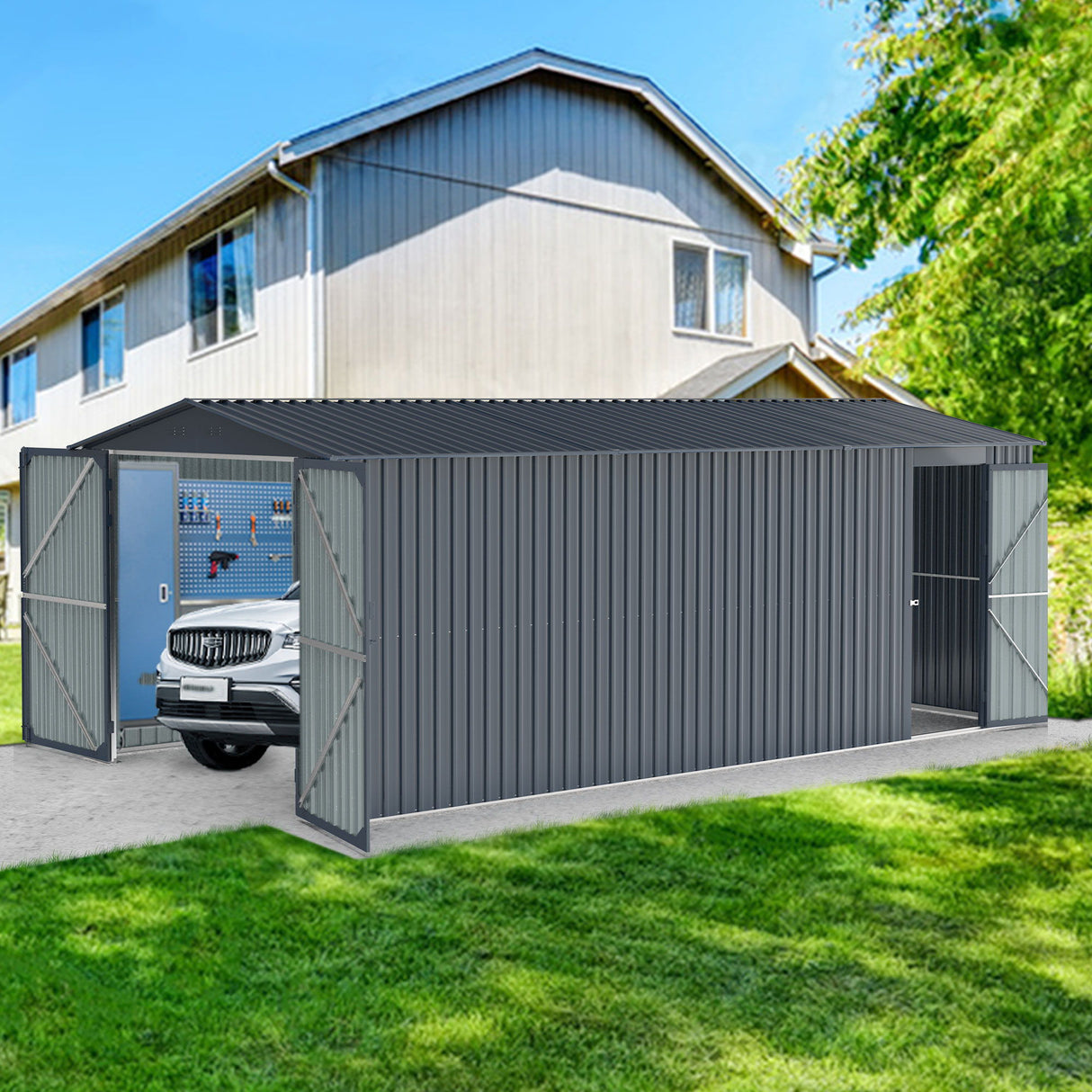 Outdoor Storage Shed Metal Garage Building Heavy Duty Utility House Black