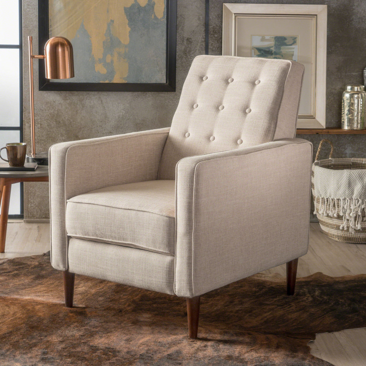 Mid-Century Modern Recliner With Button Tufted Waffle Stitch