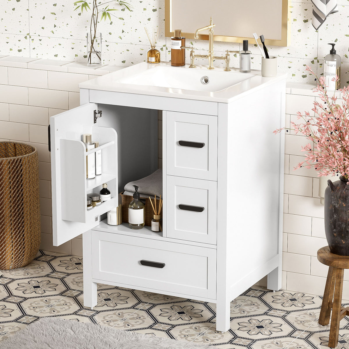 Bathroom Vanity With Sink, Soft-Close Doors, Double-Layer Shelf And 3 Drawers