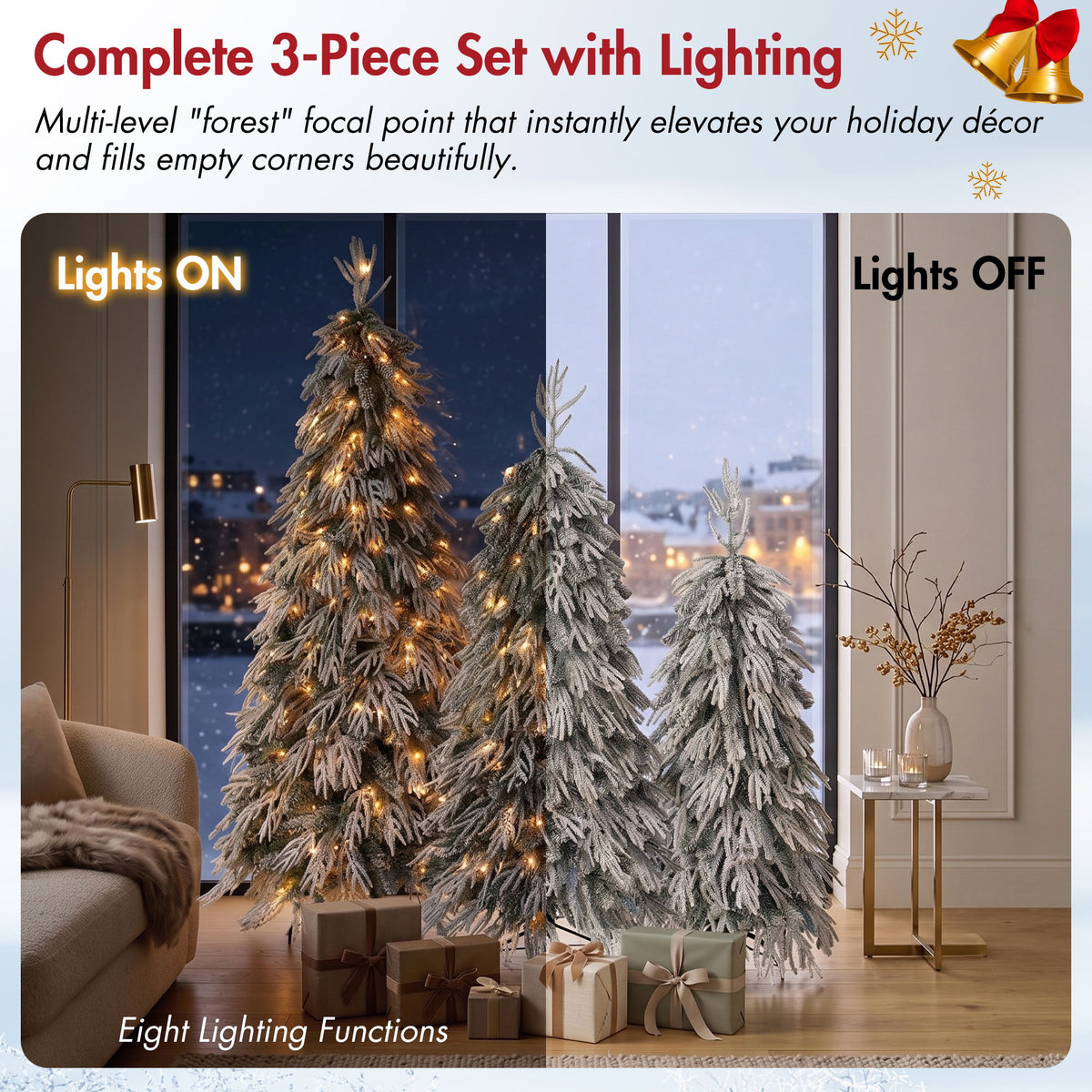 Snowy Cascading Christmas Trees 3 Piece Set With Warm LED Lighting, Flocked Weeping Branches, Multi Level Indoor Decor - Green
