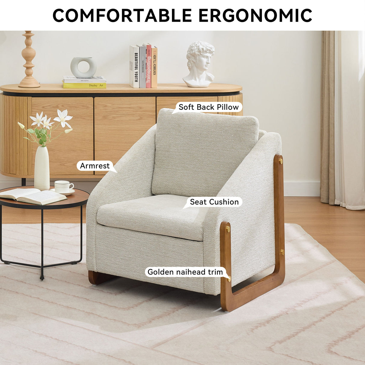 Modern Upholstered Armchair With Wooden Side Frame