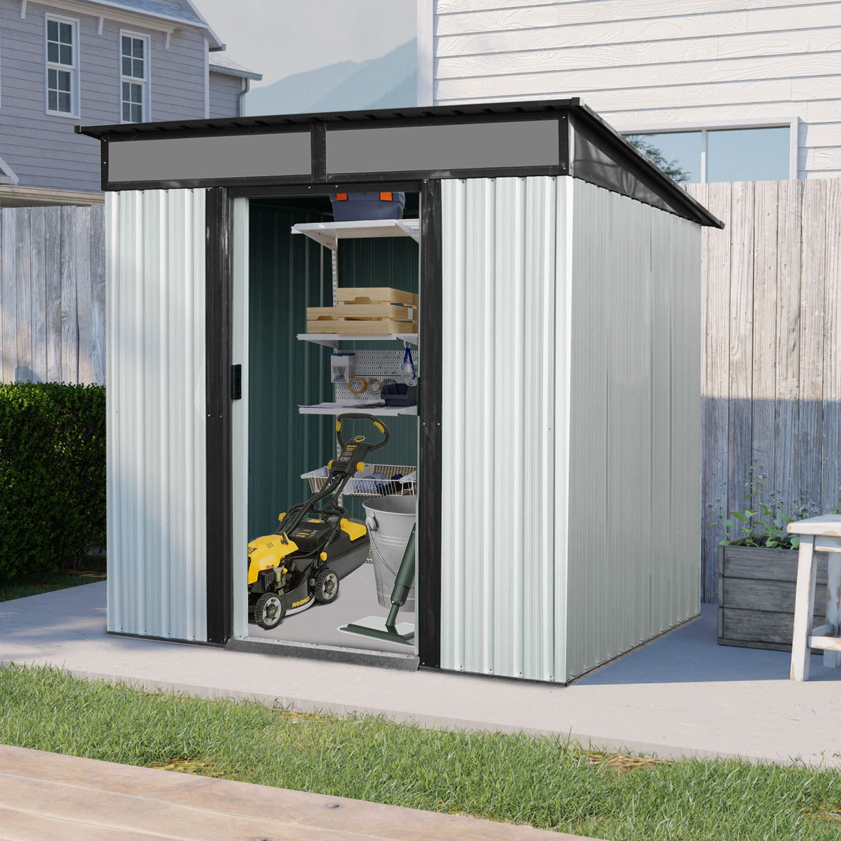 Outdoor Metal Storage Shed Garden Building with Sliding Doors and Foundation