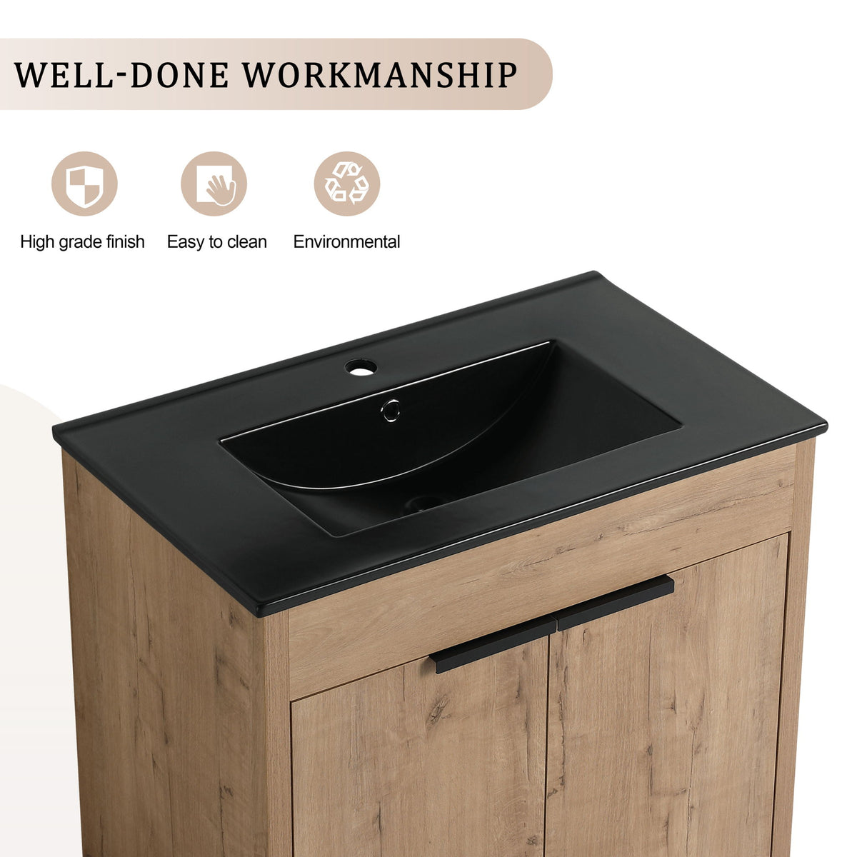 30" Freestanding Bathroom Cabinet With Basin & 2 Soft Close Doors - Imitative Oak