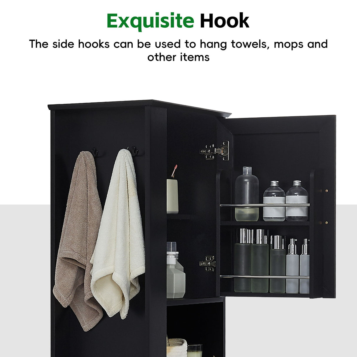 Freestanding Bathroom Storage Cabinet With Adjustable Shelves And Side Hooks Board, Rectangle Design