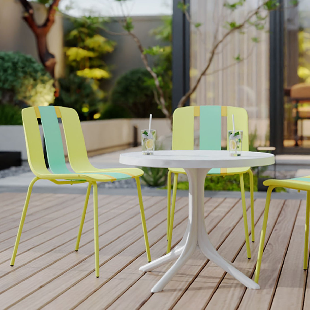 4 Piece Set Of Color Block Designed Single Chairs With Round Table - Grain Yellow / Haze Green / Tropical Orange / White
